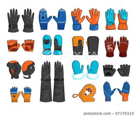 Mitts pair. Warm safety gloves. Leather boxing or woolen mittens. Winter Xmas hand knit accessory. Protective in cold. Kitchen potholder. Different clothing set. Vector illustration current design 97376310