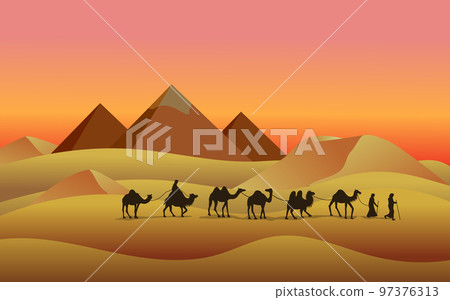 Egypt pyramids. Camels in Egyptian desert. Caravan silhouette in sunset or sunrise scenery. Bedouins travel in sands of Sahara. African panorama. Pharaoh tombs. Vector illustration current background Egypt pyramids. Camels in Egyptian desert. Caravan silhouette in sunset or sunrise scenery. Bedouins travel in sands of Sahara. African panorama. Pharaoh tombs. Vector illustration current background 97376313