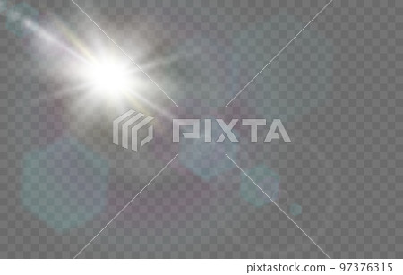 Sun burst, realistic sky beam, sunlight on transparent background. Yellow summer sunny shine bright rays, spring sunrise, circle space. Hot summer. Flare effect. Vector digital neoteric illustration Sun burst, realistic sky beam, sunlight on transparent background. Yellow summer sunny shine bright rays, spring sunrise, circle space. Hot summer. Flare effect. Vector digital neoteric illustration 97376315