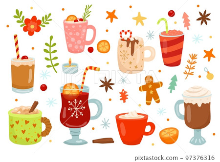 Winter christmas drinks, cocoa and coffee, milk and mulled wine. Mug of hot chocolate, warm cozy autumn cup, gingerbread cookie, warm holidays. Vector illustration nowaday cartoon flat style elements 97376316