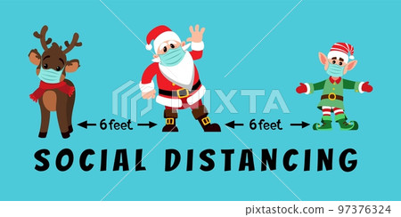Christmas Santa Claus in covid mask. Corona social distance banner. Winter holiday characters. Merry Xmas. Elf and reindeer. Celebration safety. Coronavirus prevention. Vector cartoon illustration 97376324