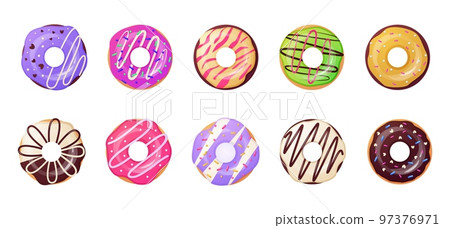 Donuts set. Round confectionery, chocolate vanilla and fruit donut top view. Colorful pastry, doughnut decorating, cake with topping, cute food, sweet dessert. Vector isolated recent illustration Donuts set. Round confectionery, chocolate vanilla and fruit donut top view. Colorful pastry, doughnut decorating, cake with topping, cute food, sweet dessert. Vector isolated recent illustration 97376971