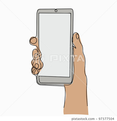 Linear icon - Mobile phone in hand. Continuous line drawing of a hand holding a phone. Fashion minimalist illustration. One line drawing. Vector illustration 97377504