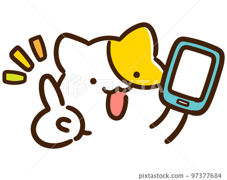 Handwritten style illustration of a cute cat character pointing to the index finger while holding a smartphone 97377684