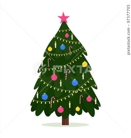 Christmas tree with decoration candles, balls and lamps Christmas tree with decoration candles, balls and lamps 97377705