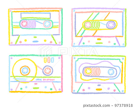 盒式磁帶彩色簡單的手繪線描插圖集 97378918