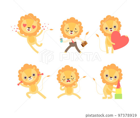 Lion Cub Character with Thick Mane Engaged in Different Activity Vector Set 97378919