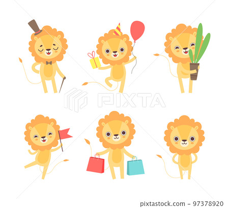 Lion Cub Character with Thick Mane Engaged in Different Activity Vector Set 97378920