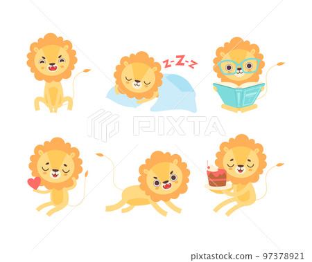 Lion Cub Character with Thick Mane Engaged in Different Activity Vector Set 97378921