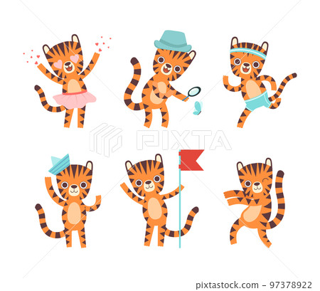 Cute Little Tiger with Striped Coat Engaged in Different Activity Vector Set 97378922