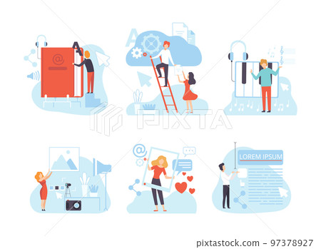 Digital Marketing with People Creating Media Content Vector Scene Set 97378927