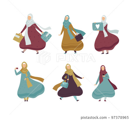 Muslim Woman in Hijab Engaged in Different Activity Vector Set 97378965
