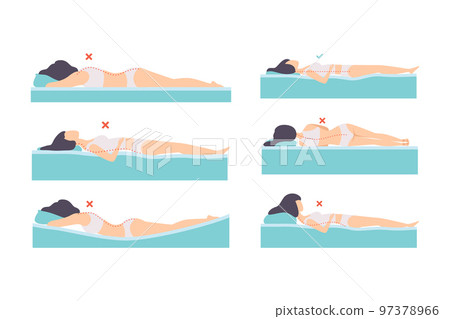 Woman Lying in Correct and Incorrect Sleeping Pose for Neck and Spine Vector Set 97378966