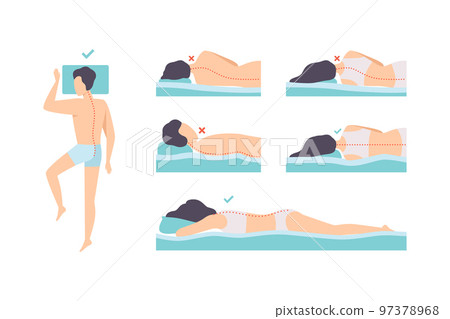 Man and Woman Lying in Correct and Incorrect Sleeping Pose for Neck and Spine Vector Set 97378968