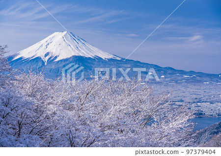 （山梨縣）日本的冬季風景，從白雪皚皚的御坂隘口看到的富士山 97379404