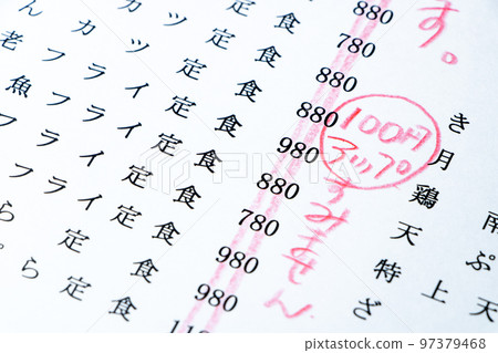 鎮上一家固定餐廳的菜單價格上漲/價格變化的圖片。 鎮上一家固定餐廳的菜單價格上漲/價格變化的圖片。 97379468