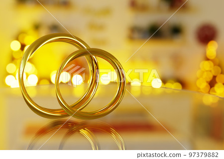 3D illustration of two golden rings cuddling together 97379882