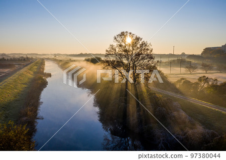 "Saitama Prefecture" Beautiful morning mist scenery of Minuma rice field "Saitama Prefecture" Beautiful morning mist scenery of Minuma rice field 97380044