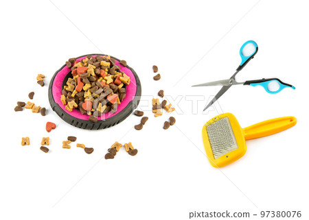 Dry dog food, comb and scissors for grooming isolated on white background. Collage. Dry dog food, comb and scissors for grooming isolated on white background. Collage. 97380076
