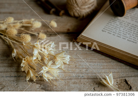 Dried flowers and antiques on the table 97381306