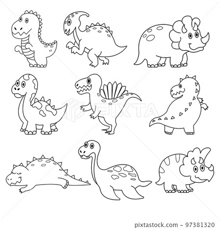 dinosaurs and ancient animals. a collection of vector illustrations in the doodle cartoon outline style.	 97381320