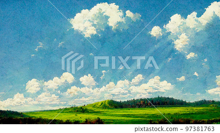 Green valley oil painting. Blue sky clouds sunny weather green grass summer. Traditional style old fashioned vintage paint canvas. Poster design illustration Green valley oil painting. Blue sky clouds sunny weather green grass summer. Traditional style old fashioned vintage paint canvas. Poster design illustration 97381763