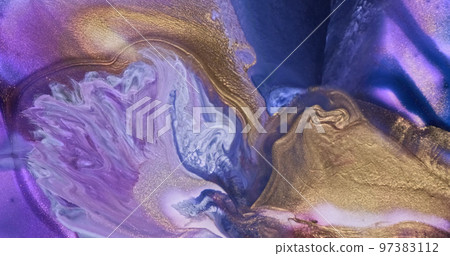 Lilac gold ink shiny splash current background. Beautiful abstract paint flow. Purple blue gold color fluid art mix. Golden glitter liquid in motion. Creative texture, pattern Lilac gold ink shiny splash current background. Beautiful abstract paint flow. Purple blue gold color fluid art mix. Golden glitter liquid in motion. Creative texture, pattern 97383112