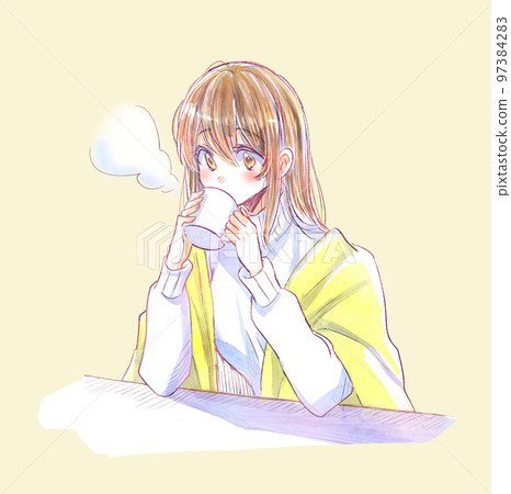 Woman drinking a hot drink winter yellow 97384283