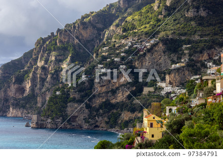 Touristic Town, Positano, on Rocky Cliffs and Mountain Landscape by the Sea. Amalfi Coast, Italy. 97384791
