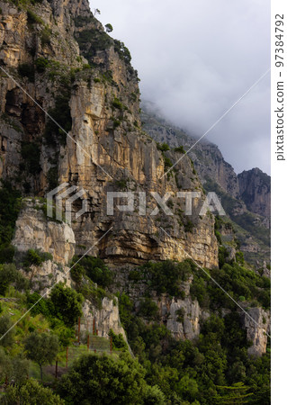 Rocky Cliffs and Mountain Landscape by the Tyrrhenian Sea. Amalfi Coast, Italy. Nature Background 97384792