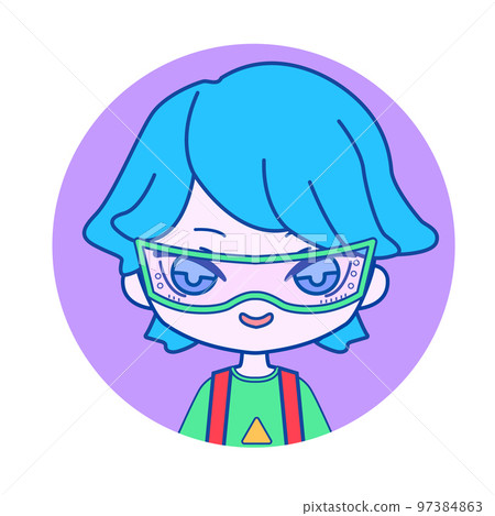 Trendy chibi portrait of cyberpunk boy with blue hair and futuristic glasses 97384863
