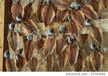 Dried fish in the open air. Traditional seafood drying in the fishing village of Nazare on the shores of the Atlantic Ocean, Portugal. Dried fish in the open air. Traditional seafood drying in the fishing village of Nazare on the shores of the Atlantic Ocean, Portugal. 97384866