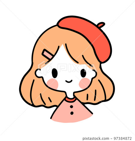 Cute colorful trendy hand drawn portrait of smiling girl with orange hair and red beret Cute colorful trendy hand drawn portrait of smiling girl with orange hair and red beret 97384872