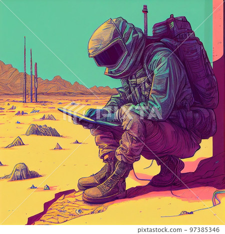 Portrait of a surviving stalker in an old gas mask against an apocalyptic background. Survivor of nuclear war. The concept of the post-apocalypse. Generative AI Art 97385346