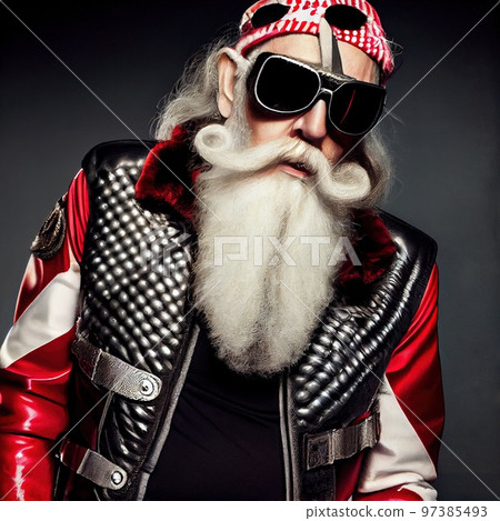 A quirky old bearded Santa Claus rockenroller. A winter holiday concept. Generative AI Art 97385493