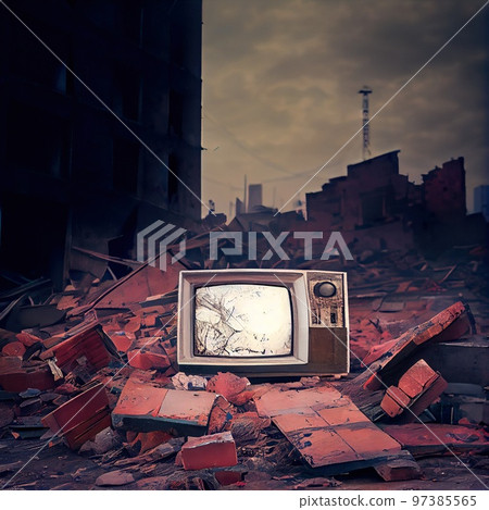 An old TV lying on the ruins of a house. A post-apocalyptic ruined city. Destroyed buildings, mountains of rubble and debris. The concept of the apocalypse. Generative AI Art An old TV lying on the ruins of a house. A post-apocalyptic ruined city. Destroyed buildings, mountains of rubble and debris. The concept of the apocalypse. Generative AI Art 97385565