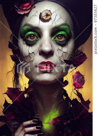 Mystical creepy woman with frightening makeup. Gothic mystery woman. Generative AI Art Mystical creepy woman with frightening makeup. Gothic mystery woman. Generative AI Art 97385627