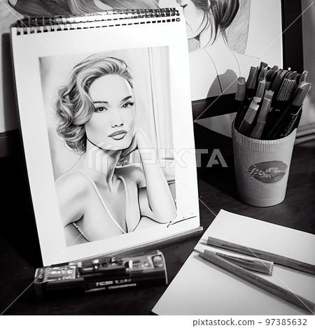 A painted portrait of a young woman. A top view of the artist's workstation with samples of drawings and pencils. Artist at work. Generative AI Art. 97385632