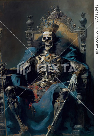 A horrible ancient skeleton king sits on a throne. The concept of a dead king. Generative AI Art. 97385645