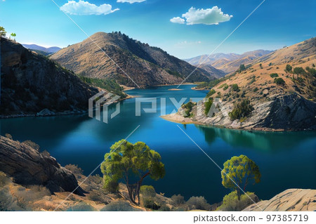 A beautiful ancient lake, with the reflection of the sky and clouds. Generative AI Art. 97385719