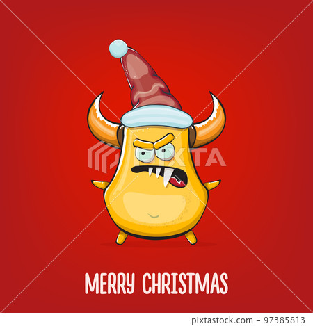 Vector cartoon funky orange monster with Santa Claus red hat isolated on red background. Funny and cute Childrens Merry Christmas greeting card with funny orange monster elf Santa Claus character. Vector cartoon funky orange monster with Santa Claus red hat isolated on red background. Funny and cute Childrens Merry Christmas greeting card with funny orange monster elf Santa Claus character. 97385813