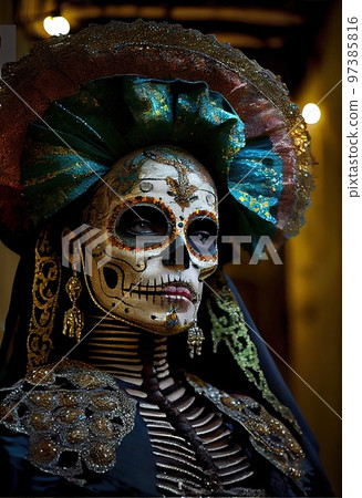 A young beautiful woman with a skull painted on her face on the Day of the Dead in Mexico. Generative AI Art A young beautiful woman with a skull painted on her face on the Day of the Dead in Mexico. Generative AI Art 97385816