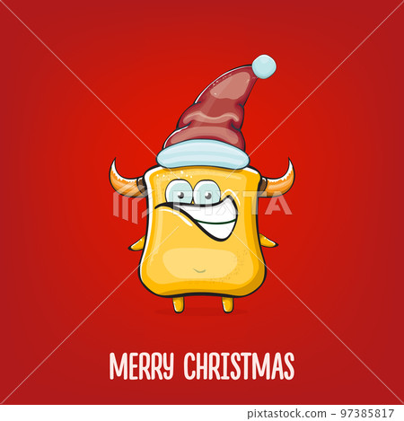 Vector cartoon funky orange monster with Santa Claus red hat isolated on red background. Funny and cute Childrens Merry Christmas greeting card with funny orange monster elf Santa Claus character. Vector cartoon funky orange monster with Santa Claus red hat isolated on red background. Funny and cute Childrens Merry Christmas greeting card with funny orange monster elf Santa Claus character. 97385817