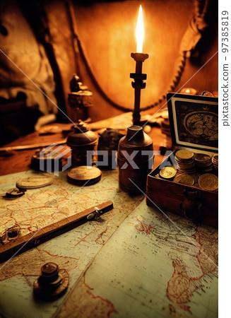 Image of an ancient ancient pirate map. An ancient paper pirate scroll. Generative AI Art Image of an ancient ancient pirate map. An ancient paper pirate scroll. Generative AI Art 97385819