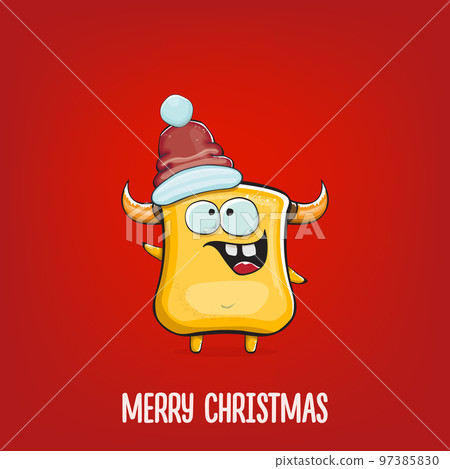 Vector cartoon funky orange monster with Santa Claus red hat isolated on red background. Funny and cute Childrens Merry Christmas greeting card with funny orange monster elf Santa Claus character. Vector cartoon funky orange monster with Santa Claus red hat isolated on red background. Funny and cute Childrens Merry Christmas greeting card with funny orange monster elf Santa Claus character. 97385830