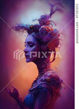 Mystical creepy woman with frightening makeup. Gothic mystery woman. Generative AI Art 97385831