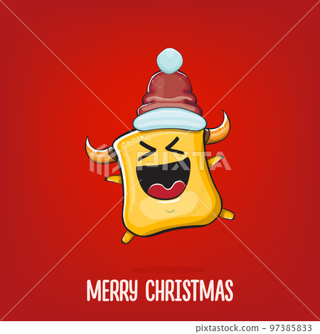 Vector cartoon funky orange monster with Santa Claus red hat isolated on red background. Funny and cute Childrens Merry Christmas greeting card with funny orange monster elf Santa Claus character. Vector cartoon funky orange monster with Santa Claus red hat isolated on red background. Funny and cute Childrens Merry Christmas greeting card with funny orange monster elf Santa Claus character. 97385833