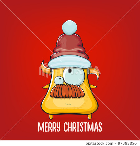 Vector cartoon funky orange monster with Santa Claus red hat isolated on red background. Funny and cute Childrens Merry Christmas greeting card with funny orange monster elf Santa Claus character. Vector cartoon funky orange monster with Santa Claus red hat isolated on red background. Funny and cute Childrens Merry Christmas greeting card with funny orange monster elf Santa Claus character. 97385850