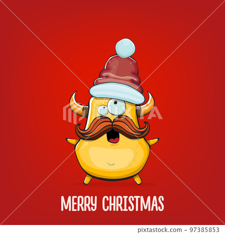 Vector cartoon funky orange monster with Santa Claus red hat isolated on red background. Funny and cute Childrens Merry Christmas greeting card with funny orange monster elf Santa Claus character. 97385853