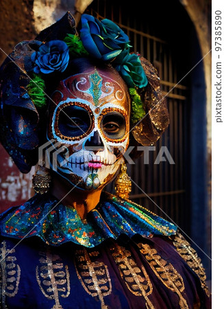 A young beautiful woman with a skull painted on her face on the Day of the Dead in Mexico. Generative AI Art A young beautiful woman with a skull painted on her face on the Day of the Dead in Mexico. Generative AI Art 97385890